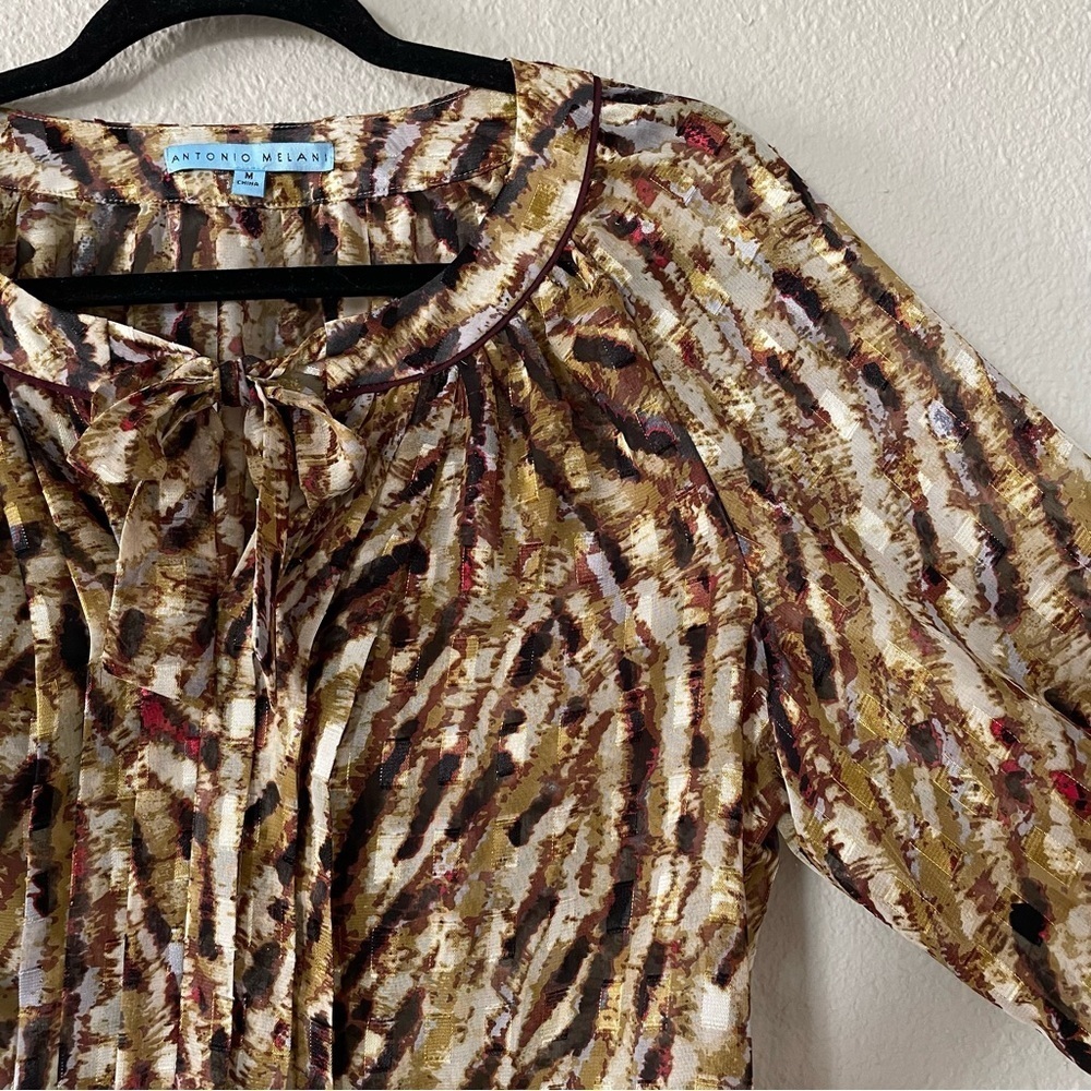 Elegant Antonio Melani Blouse Women’s Medium Multicolored Sheer Tie Front Classy - Picture 8 of 16